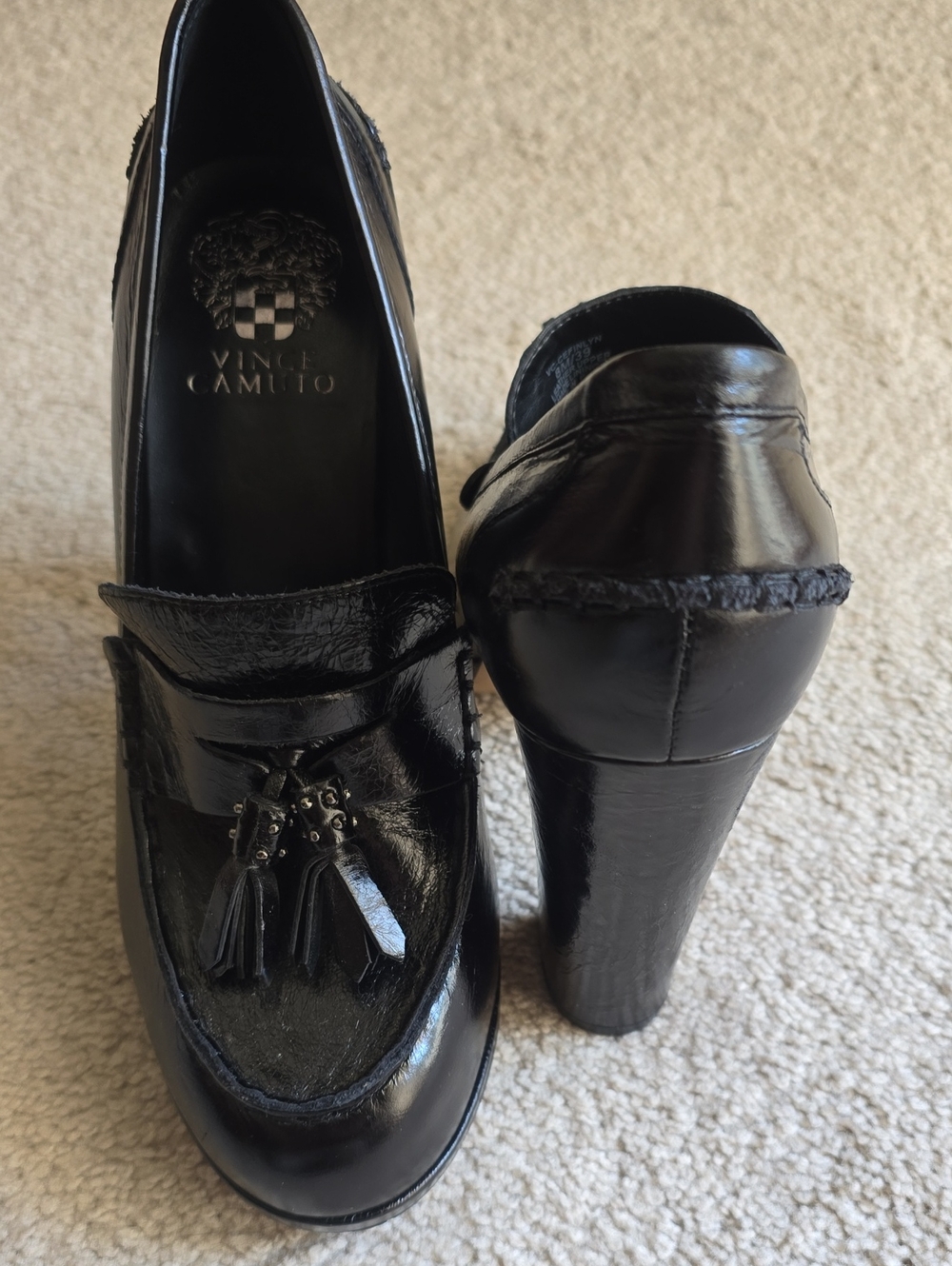 Vince Camuto Black Patent Tassel High Heel Loafers